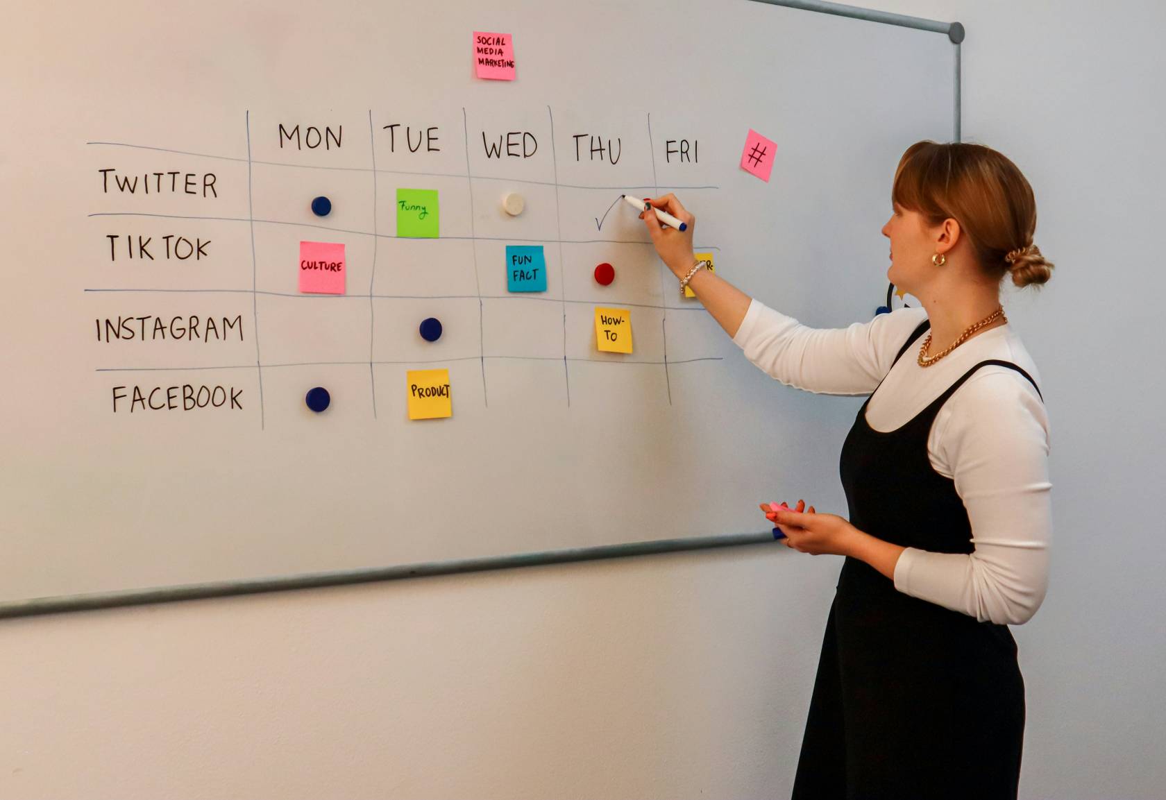 Person in dress writing on whiteboard with office supplies, Post-it Notes, and text "TWITTER, TIK TOK, MON TUE, CULTURE, Funny, INSTAGRAM, FACEBOOK, PRODUCT, SOCIAL, MEDIA, MARKETING